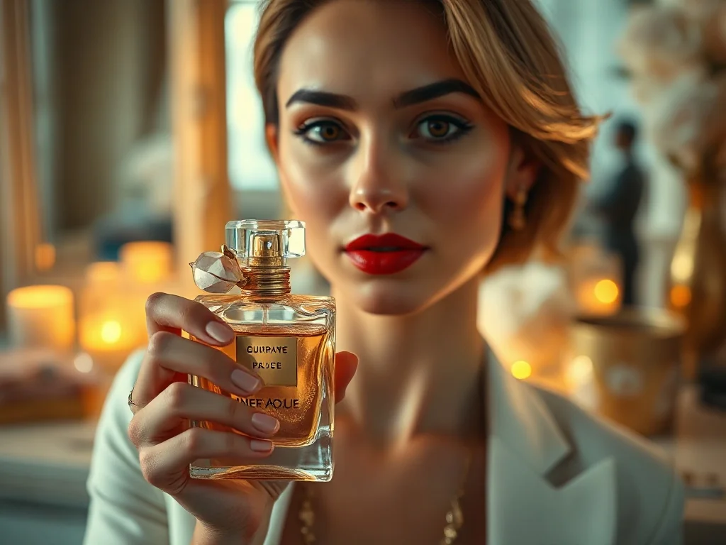 Elegancka kobieta trzymająca luksusowy flakon perfum Carolina Herrera na tle stylowej toaletki.