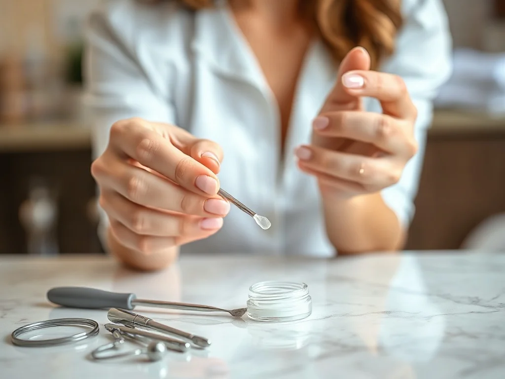 Kobieta nakłada pędzelkiem żel do usuwania skórek na zadbane paznokcie, obok leżą profesjonalne akcesoria do manicure.