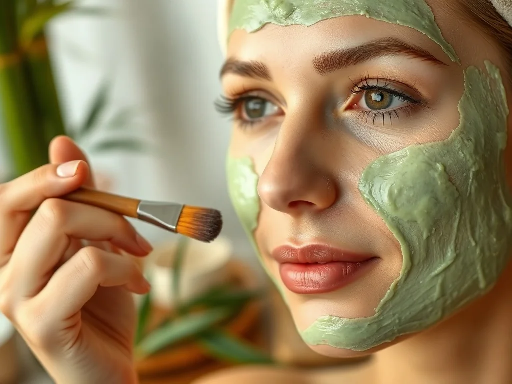 Kobieta nakłada pędzlem kremową maskę z zielonej herbaty na twarz w relaksującym otoczeniu spa.