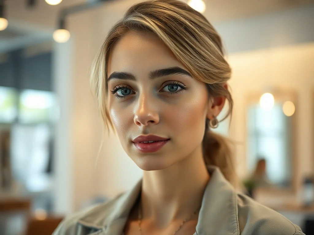 Kobieta z modnym efektem ciemnych odrostów przy blond włosach w nowoczesnym salonie fryzjerskim.