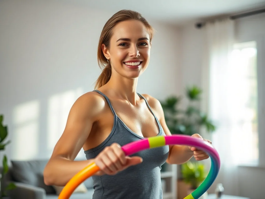 Uśmiechnięta kobieta ćwicząca z kolorowym hula-hoop w jasnym, nowoczesnym salonie.
