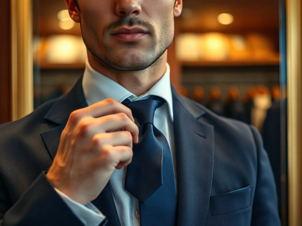 Elegancki mężczyzna poprawia krawat, którego końcówka idealnie sięga środka klamry paska, zgodnie z zasadami męskiej elegancji.